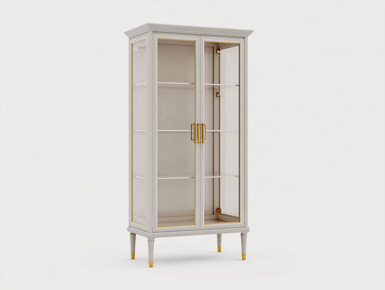 Vitrinas madera y vidrio 95x42x185 cm - blanco-dorado - estilo clásico elegante